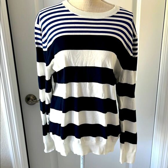Brooks Brothers Pima Cotton Blue and White Striped F Lightweight Sweater SZ L - Picture 1 of 7